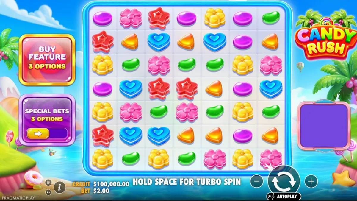 Tampilan grid 7x7 penuh warna dalam permainan slot Candy Rush