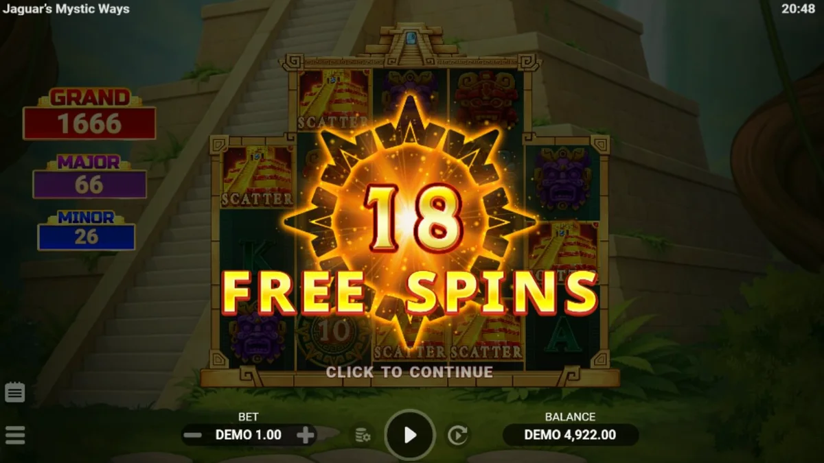 Pemandangan kuil kuno dalam slot Jaguar’s Mystic Ways dengan suasana hutan yang mistis.