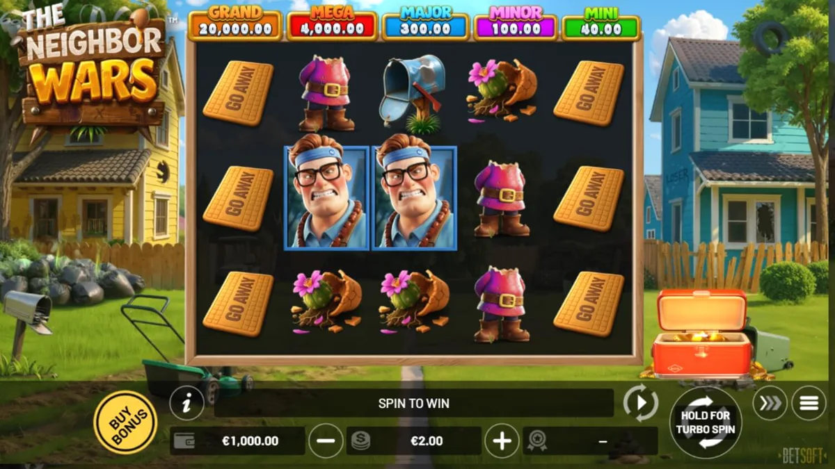 Tampilan visual slot The Neighbor Wars dengan tema perseteruan tetangga yang lucu