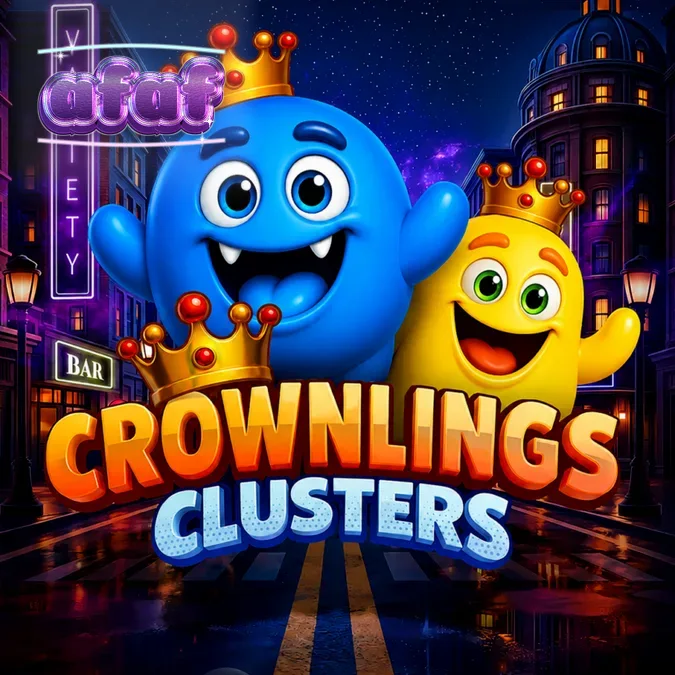 Tampilan grid 5x5 permainan slot Crownlings Clusters dengan karakter blob berwarna-warni.